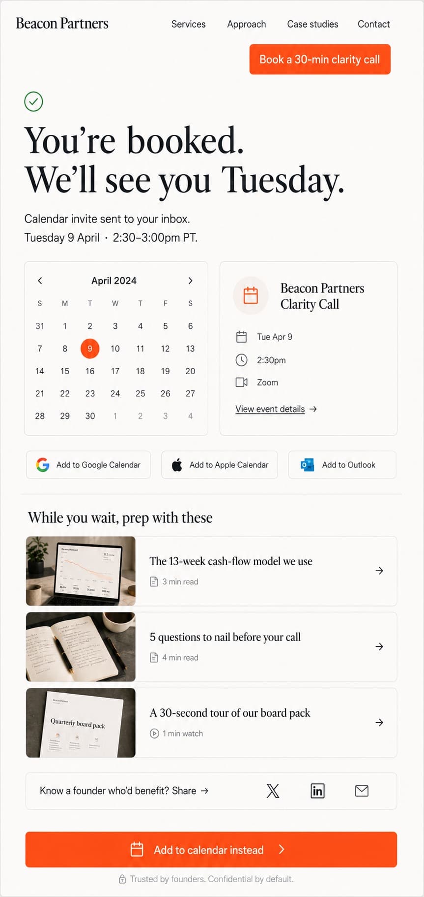 Beacon Partners booked confirmation with calendar and prep links