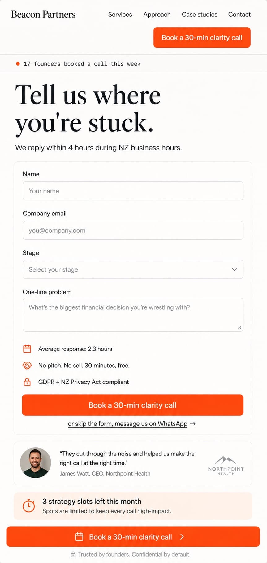 Beacon Partners contact form with name, email, stage, and message