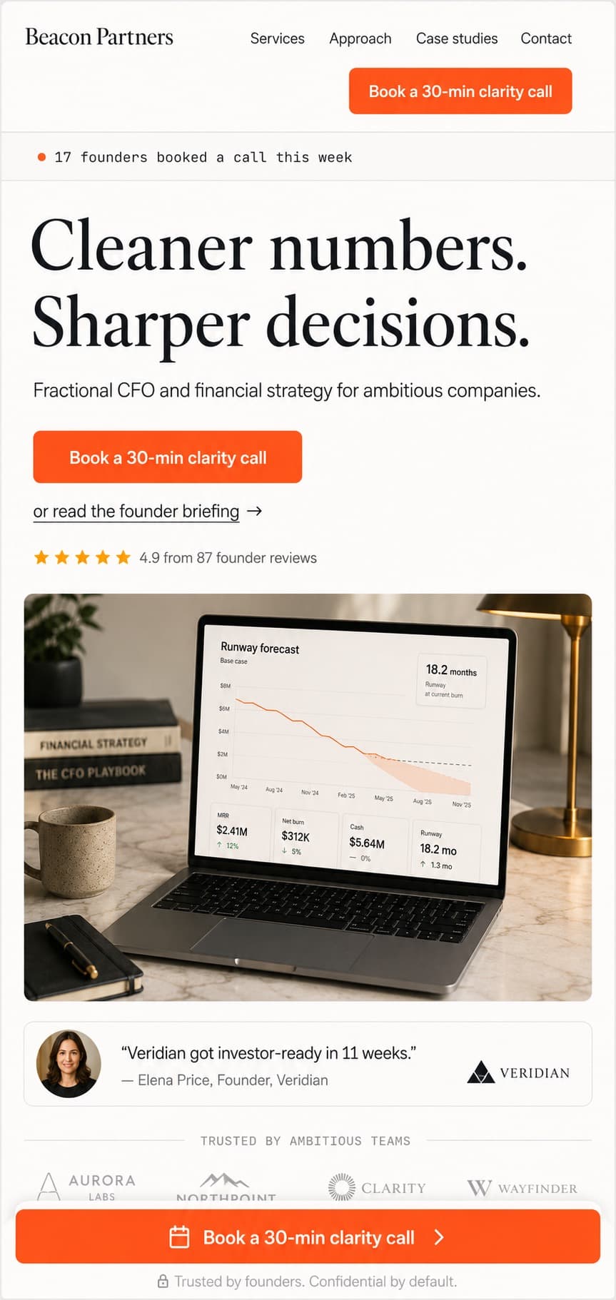 Beacon Partners landing page hero with headline and primary CTA
